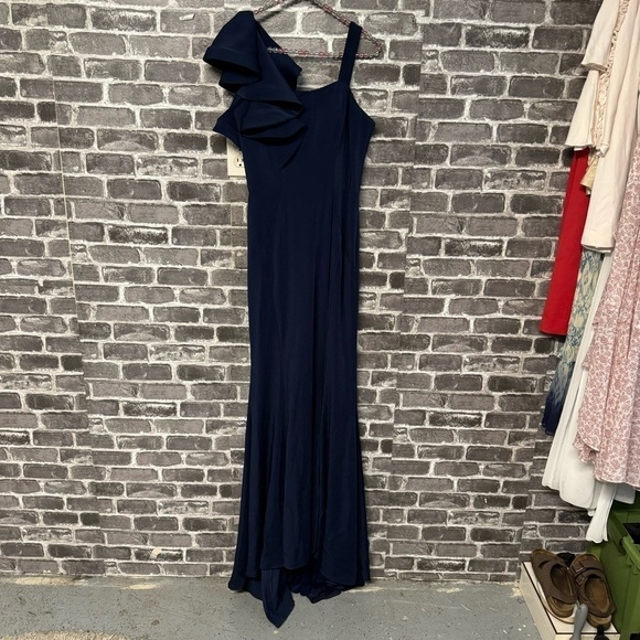 Mac Duggal evening gown dress navy blue ruffle sleeve - Picture 1 of 12